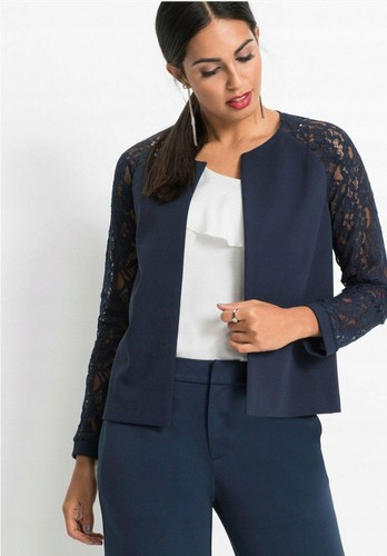 Navy Woman Lace Sleeve Vest Romantic Officewear Sz L
