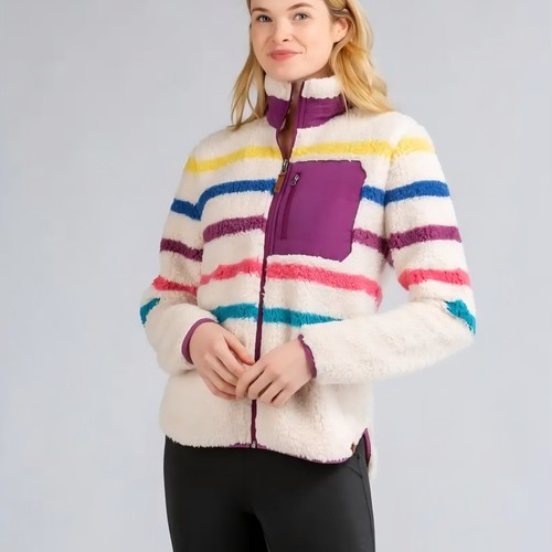 Colorful Striped Teddy Jacket Women’s Sz L Cozy Fall Spring