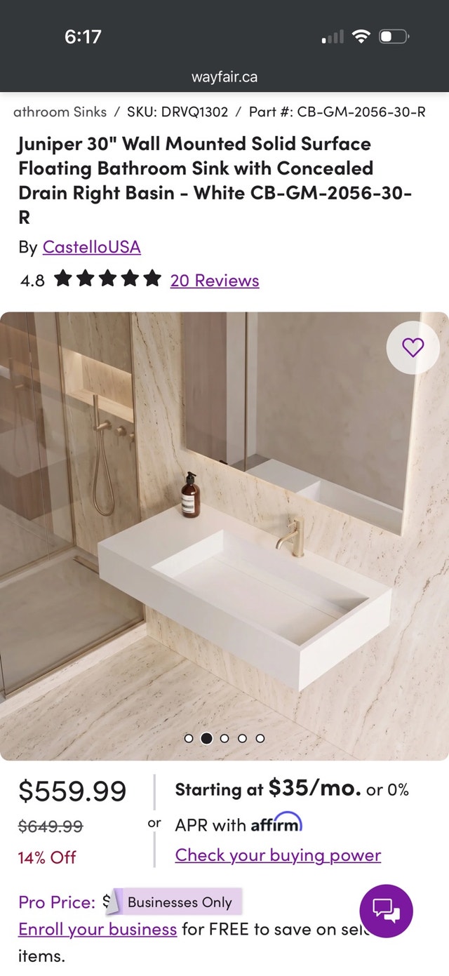 Brand new CastelloUSA Juniper 30" Wall Mounted Floating Sink