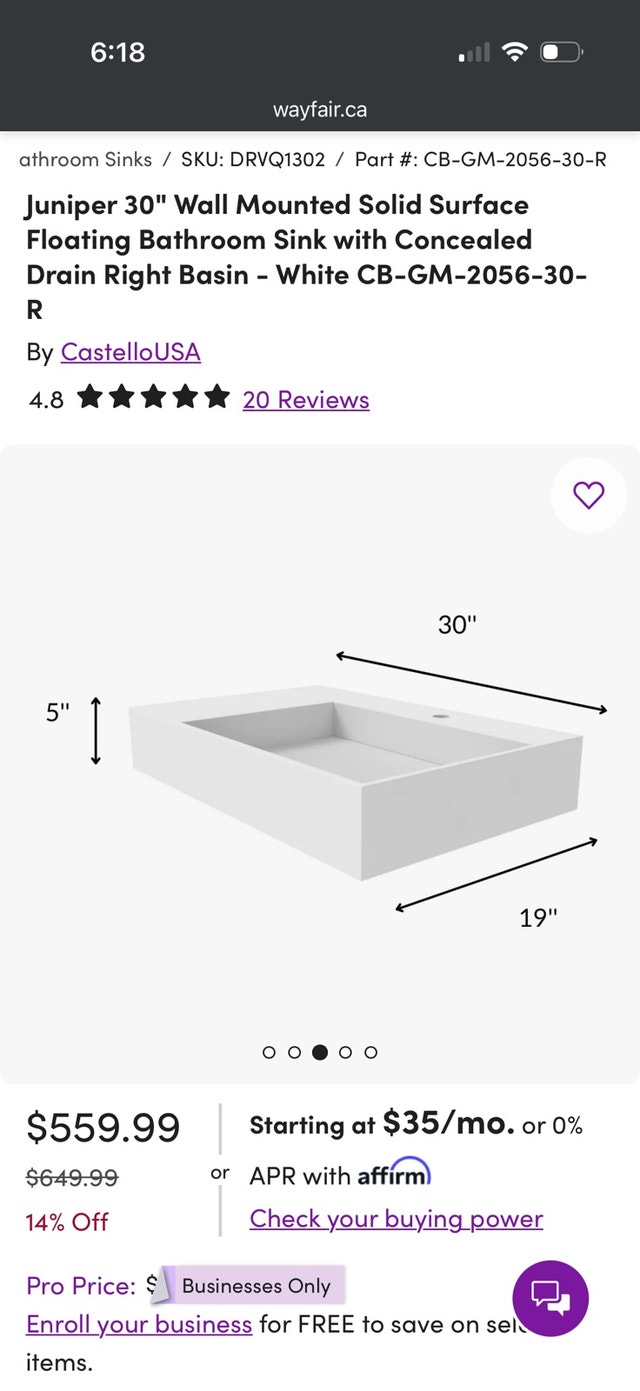 Brand new CastelloUSA Juniper 30" Wall Mounted Floating Sink - photo 2
