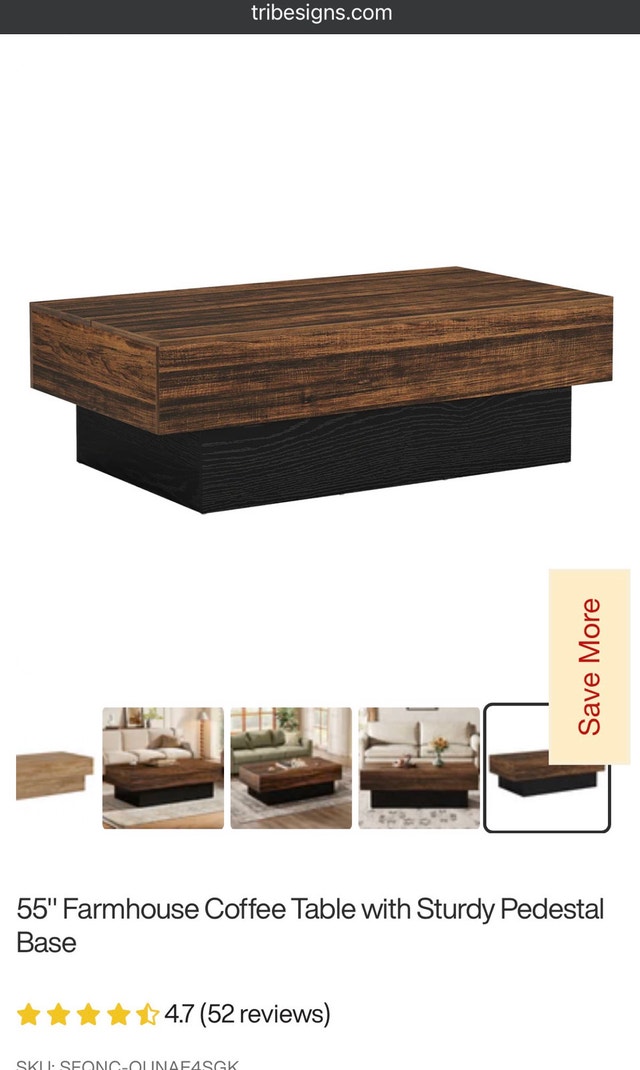 Tribesigns 55" Farmhouse Coffee Table with Sturdy Pedestal Base - photo 3