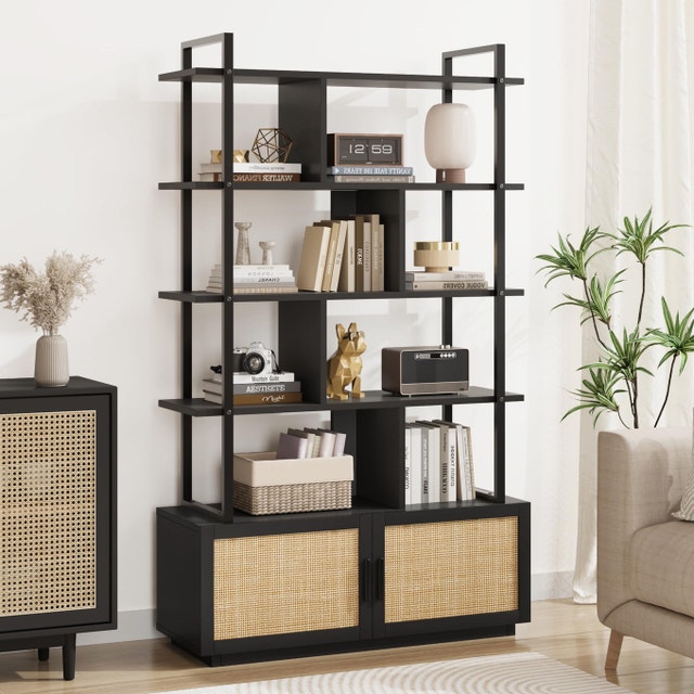 Rattan and Black Metal Bookshelf