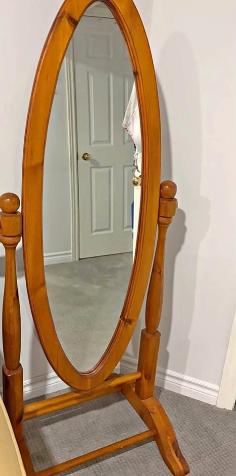 Pure Oak Handcrafted Swivel Floor Oval Mirror - Vintage