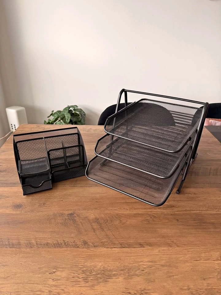Black Mesh Desk Organizer Set – 3-Tier File Tray + Desk Caddy, N