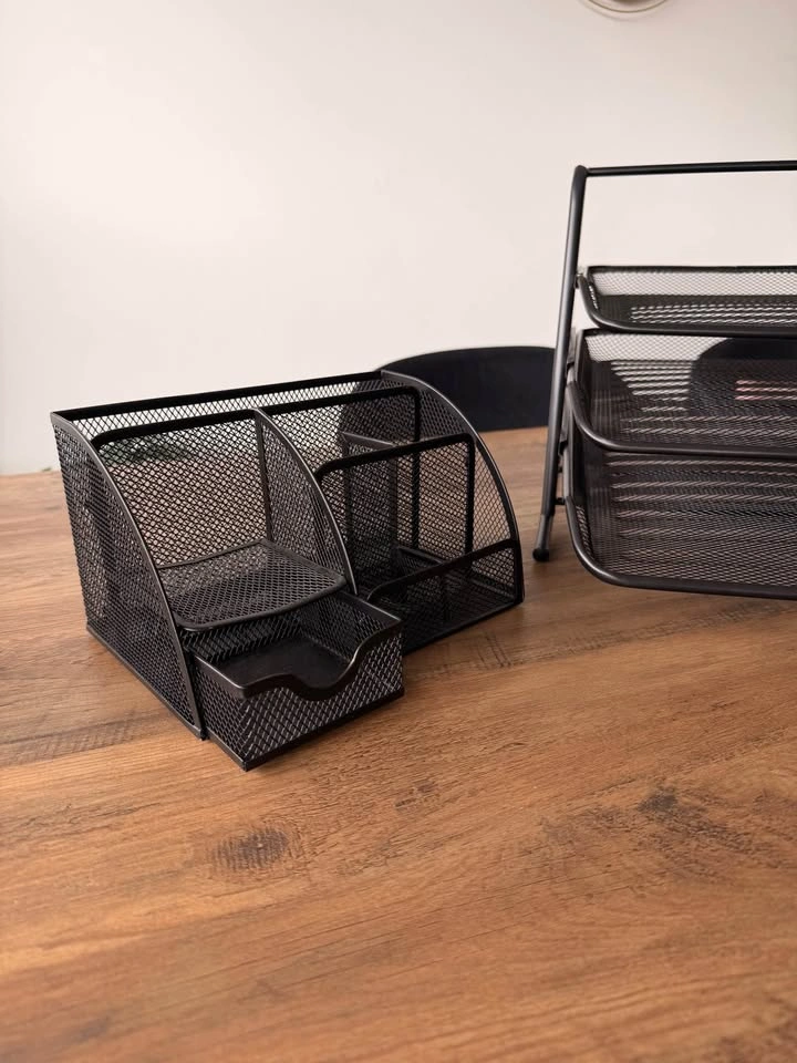 Black Mesh Desk Organizer Set – 3-Tier File Tray + Desk Caddy, N - photo 2