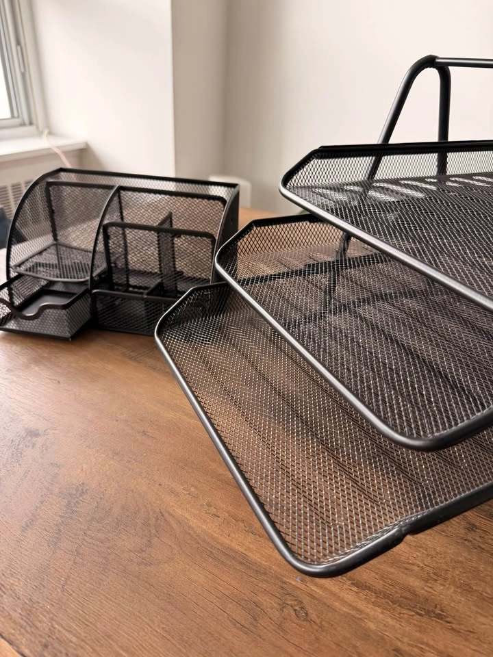 Black Mesh Desk Organizer Set – 3-Tier File Tray + Desk Caddy, N - photo 3