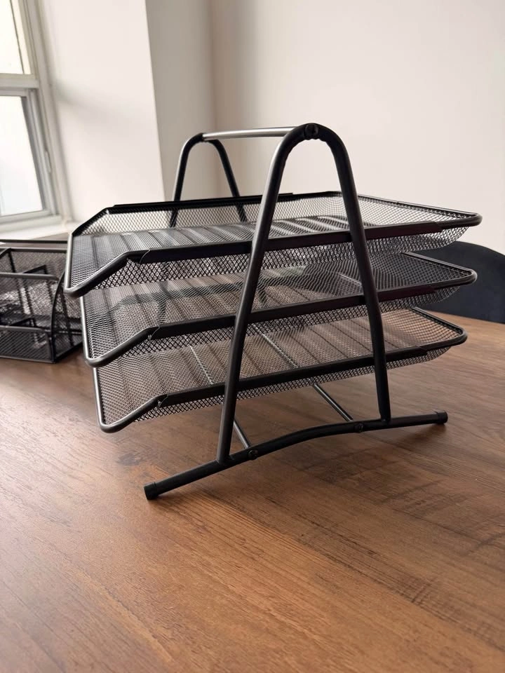 Black Mesh Desk Organizer Set – 3-Tier File Tray + Desk Caddy, N - photo 5