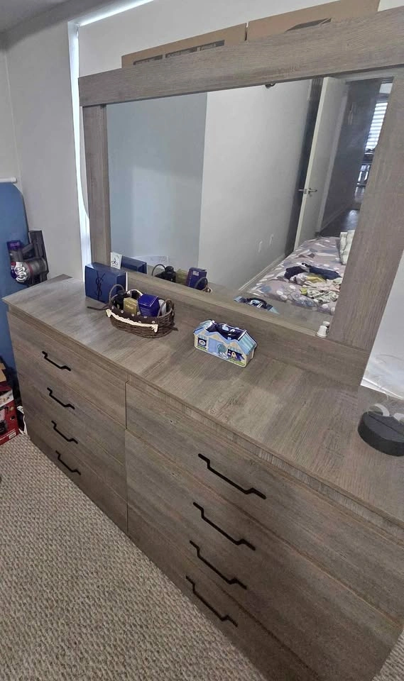 Modern Grey Oak 8-Drawer Dresser with Mirror
