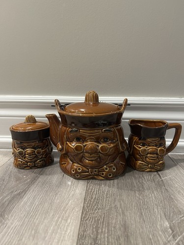 Vintage Japan Ceramic Gentleman Face Teapot Sugar Bowl Creamer S