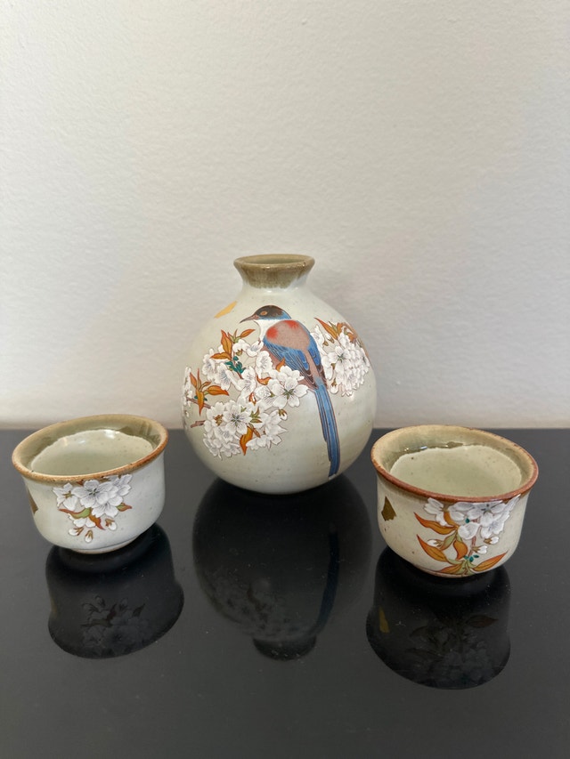 Hand-painted Kutani Yaki Cherry Blossom and Bird Sake Set
