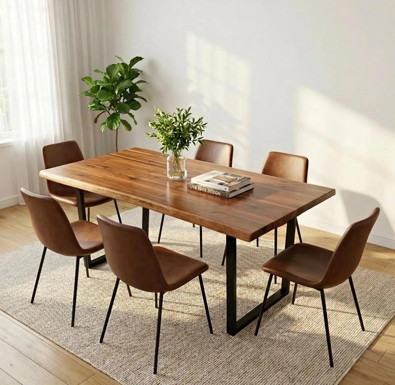 Natural Acacia Live Edge Dining Table | Modern Black Legs