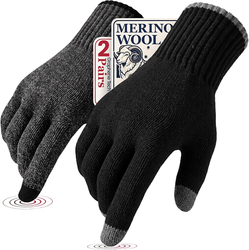 Merino Wool Touch Screen Gloves - 2 Pairs