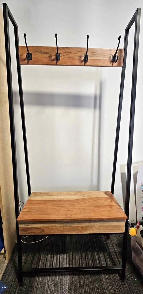 Industrial Wood and Metal Hall Tree with Storage Bench