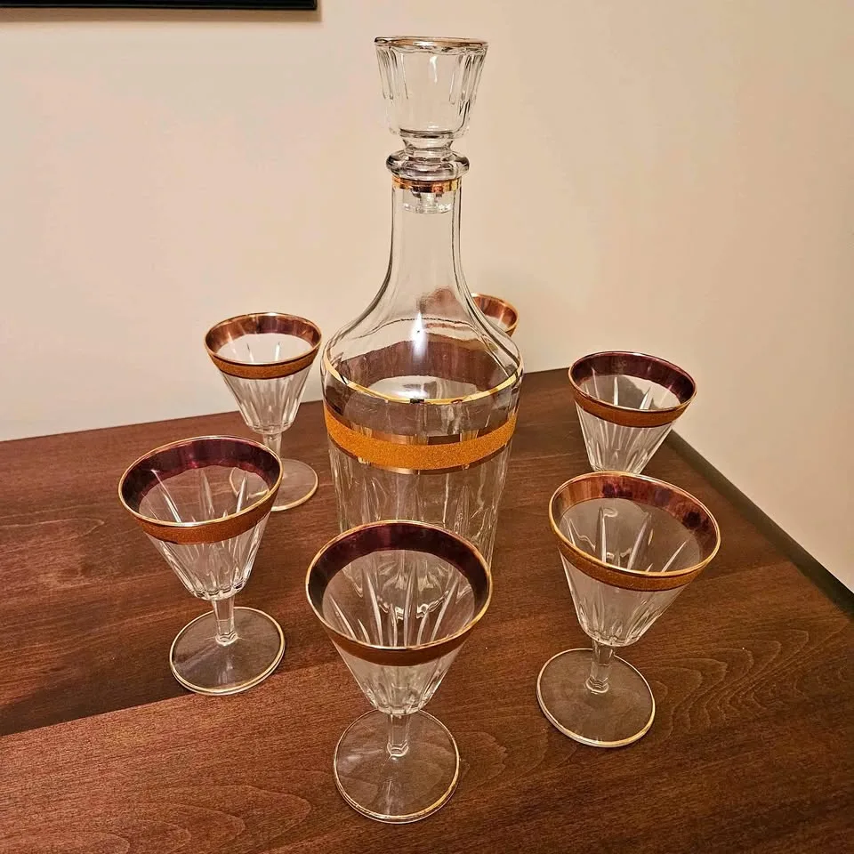Italian glass decanter set with gold accents