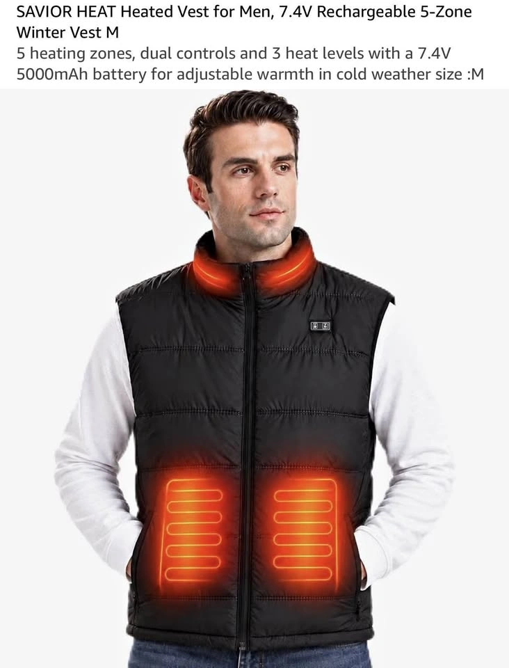 Heated Vest for Men (Size M), 7.4V Rechargeable 5-Zone