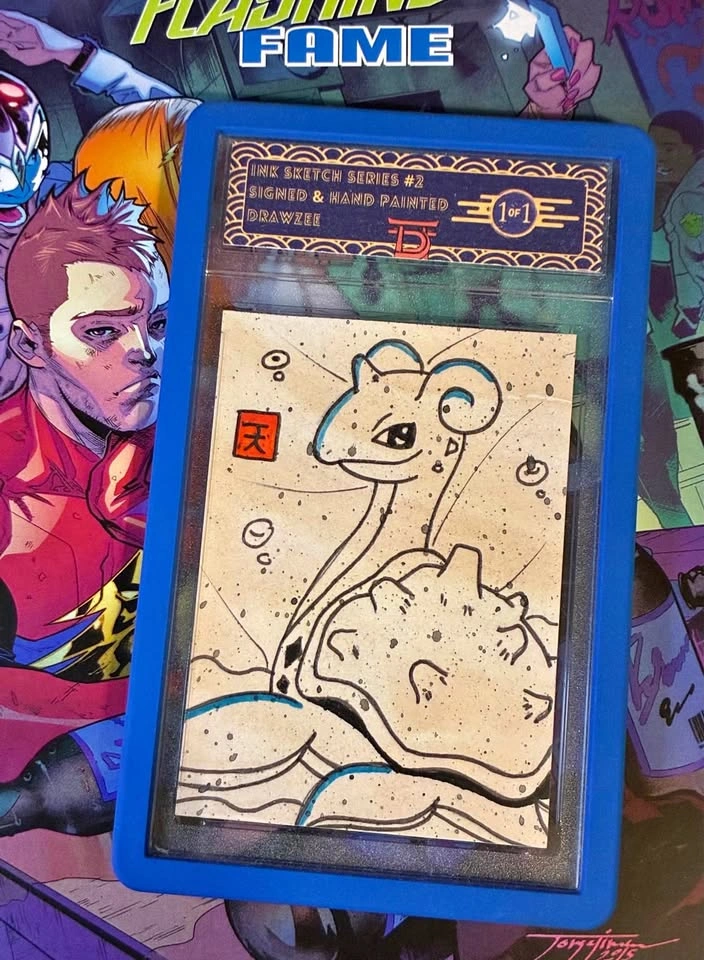 Original 1/1 Ink Sketch Lapras Signed Hand Painted Drawzee Pokem