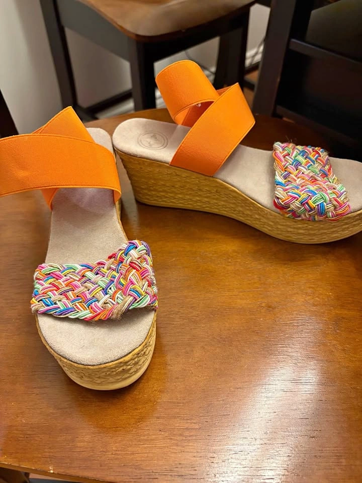 Orange Elastic Multi-Color Woven Wedge Sandals