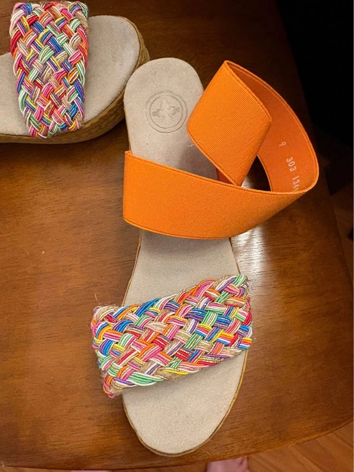 Orange Elastic Multi-Color Woven Wedge Sandals - photo 2