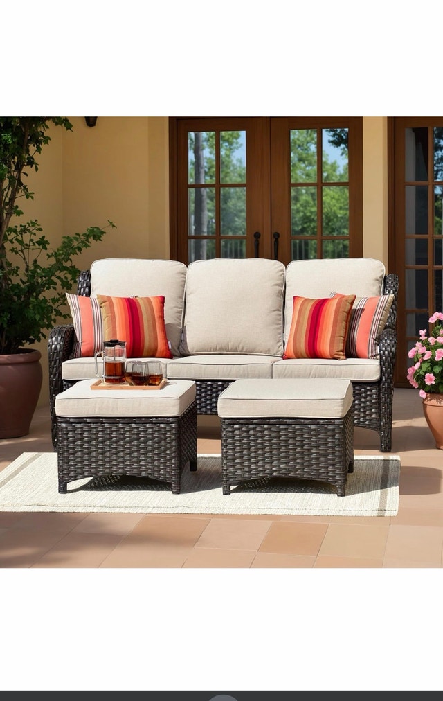 3-Piece Outdoor Wicker Sofa Set with 2 Ottomans