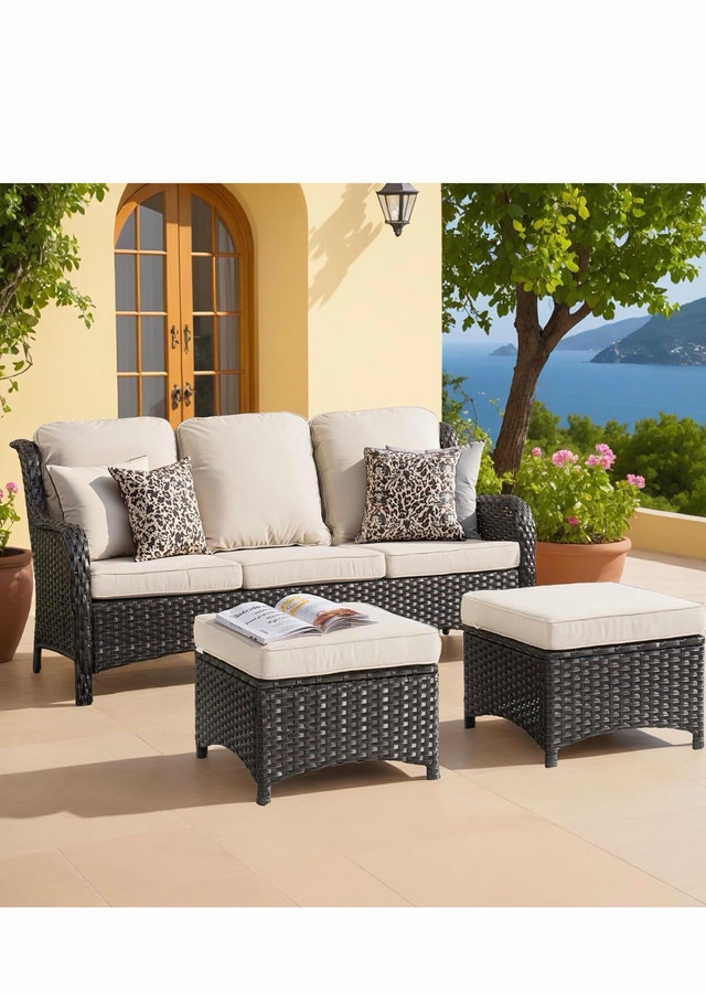 3-Piece Outdoor Wicker Sofa Set with 2 Ottomans - photo 3