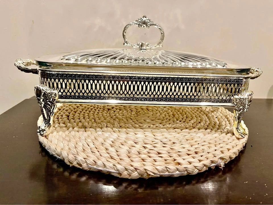 Vintage Silver Plated Footed Casserole Dish with Glass Insert