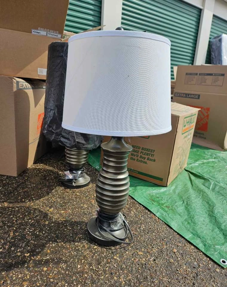 Pair of Ribbed Metal Table Lamps with White Shades