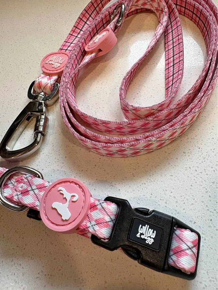 NEW Dog Collar + Leash Set in Pink Argyle - S/M/L Available
