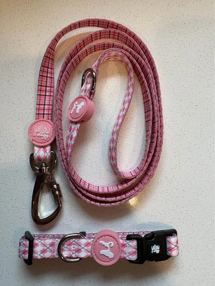 NEW Dog Collar + Leash Set in Pink Argyle - S/M/L Available - photo 2
