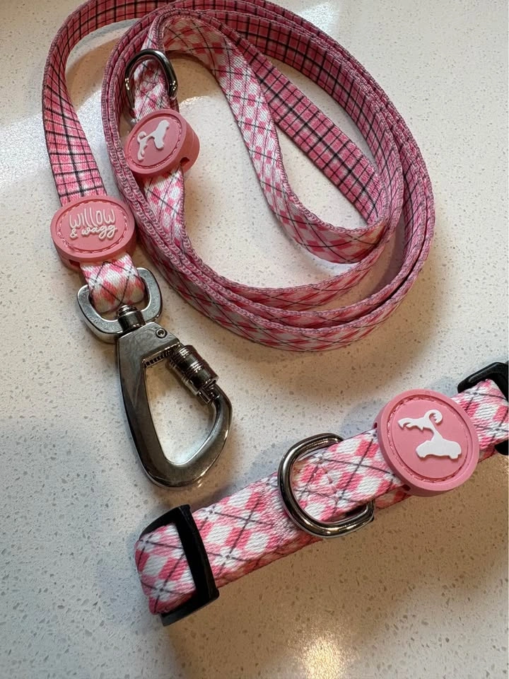 NEW Dog Collar + Leash Set in Pink Argyle - S/M/L Available - photo 3