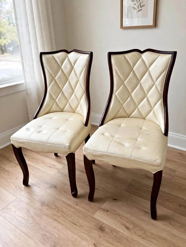 Pair of Quilted Dining Chairs – Cream with Dark Wood Trim