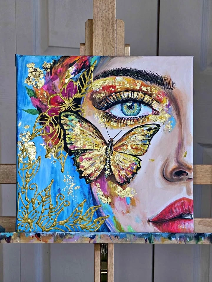 ACRYLIC PAINTING WOMAN FLOWERS ART BUTTERFLY COLORFUL