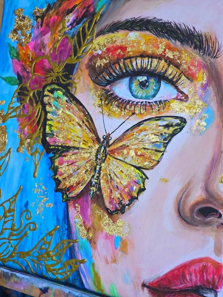 ACRYLIC PAINTING WOMAN FLOWERS ART BUTTERFLY COLORFUL - photo 2