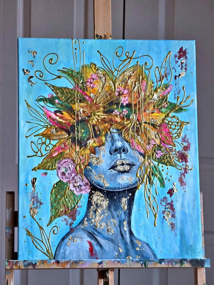 ACRYLIC PAINTING WOMAN FLOWERS COLORFUL ART NATURE