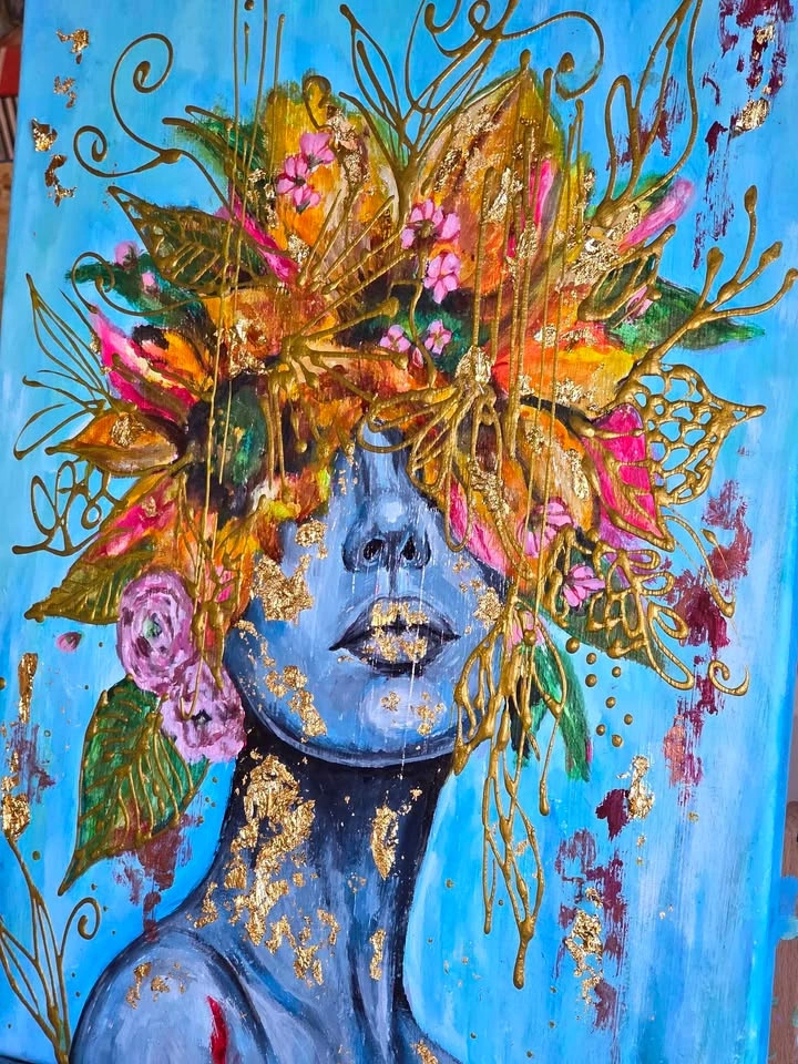 ACRYLIC PAINTING WOMAN FLOWERS COLORFUL ART NATURE - photo 2