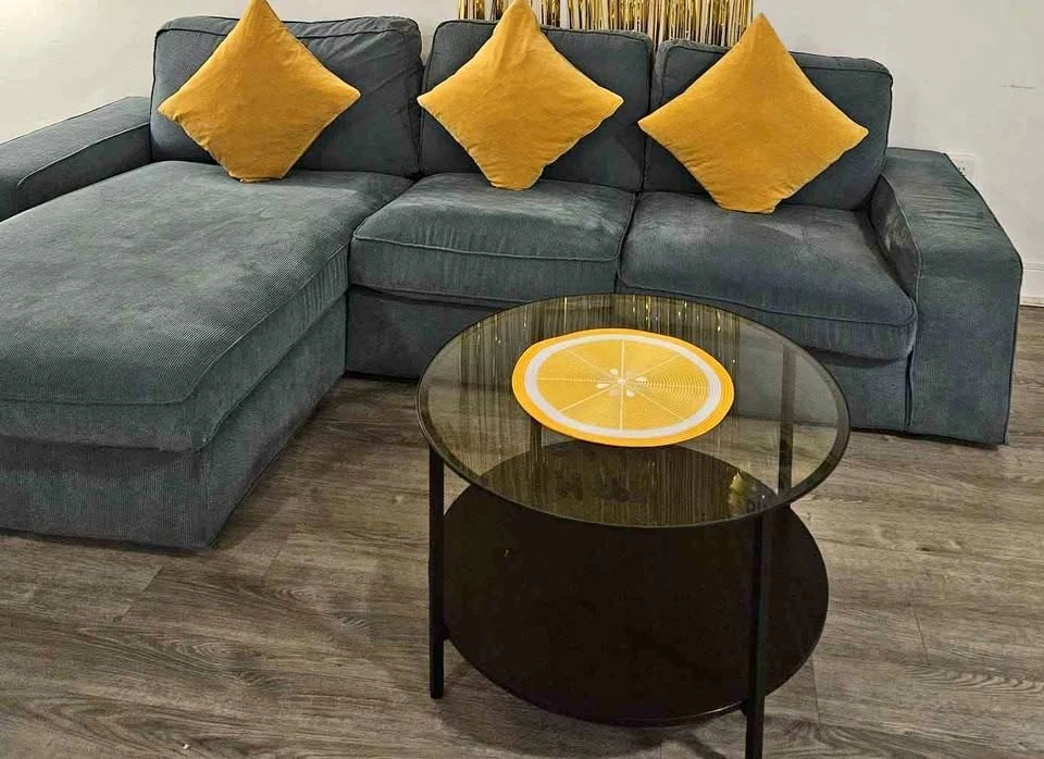 IKEA Sectional Sofa with Chaise and Glass Coffee Table