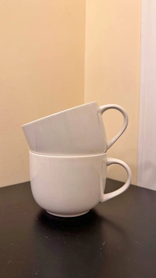Set of 2 Wide White Ceramic Coffee Mugs – Lightweight & Cute