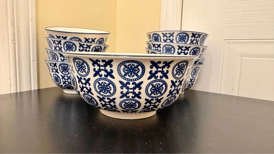 9-Piece Blue & White Ceramic Bowl Set
