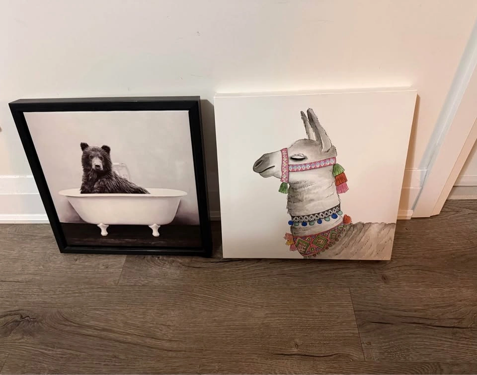 Set of 4 Canvas Wall Art - Bear, Llama, and Paris Scenes