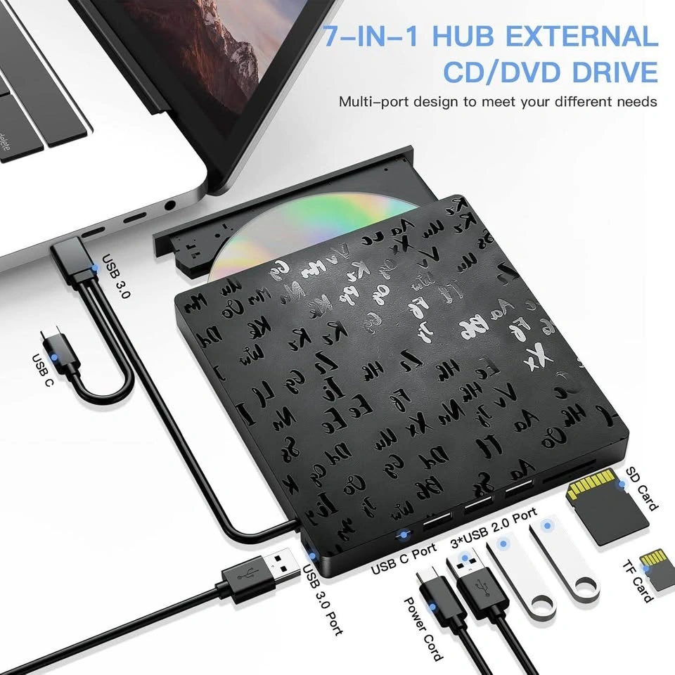 7-in-1 External CD/DVD Drive with USB 3.0 Type-C Hub - photo 3