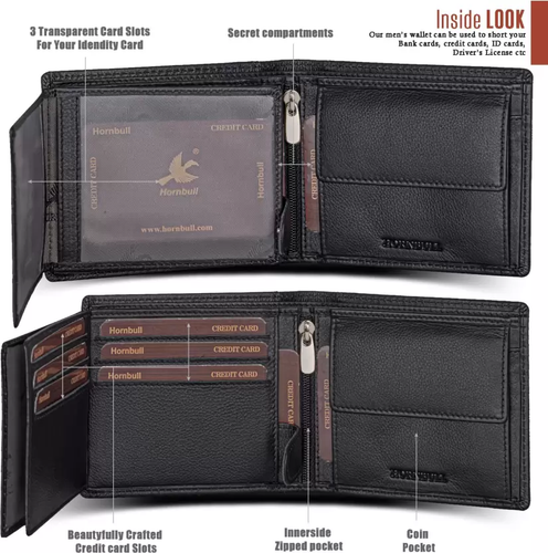 HORNBULL Men Casual Black or Blue Genuine Leather RFID Wallet - photo 3