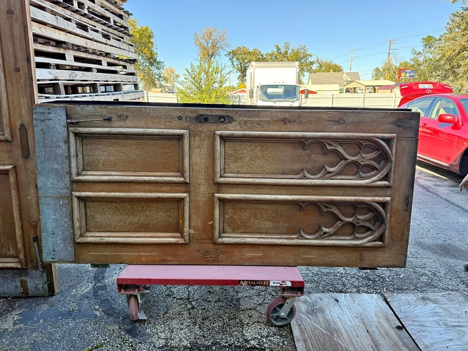 Vintage Oak Wood Pair of Doors with Gothic Detailing