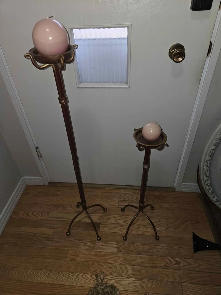 Pair of Vintage Tuscan Style Metal Floor Candle Holders - photo 2