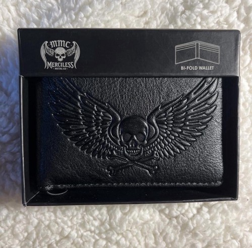 Merciless Metal Co Men's Black Leather Bifold Wallet Skull Logo