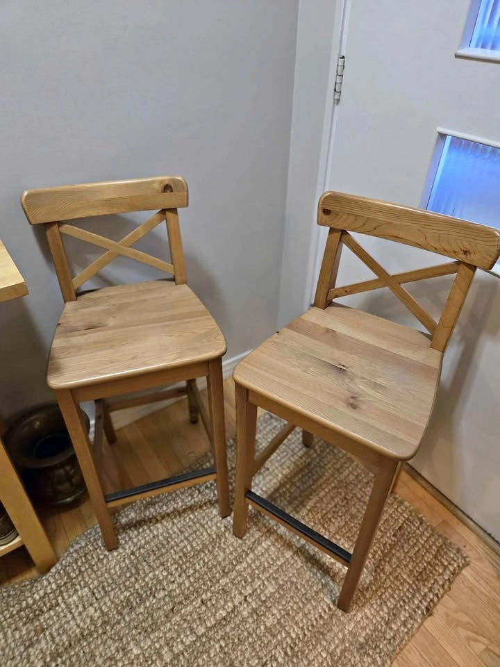 Pair of IKEA INGOLF Solid Pine Counter Stools (25” Seat Height)