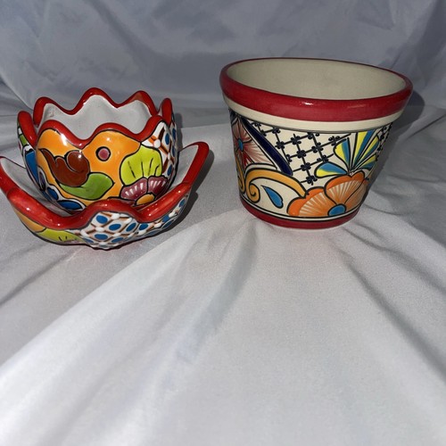 Handmade Ceramic Pot Planter Talavera Mexican Pottery Set