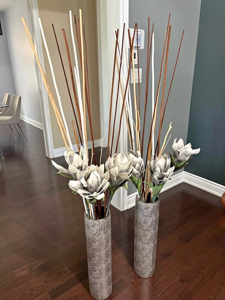 2 Grey Vases with flowers and branches