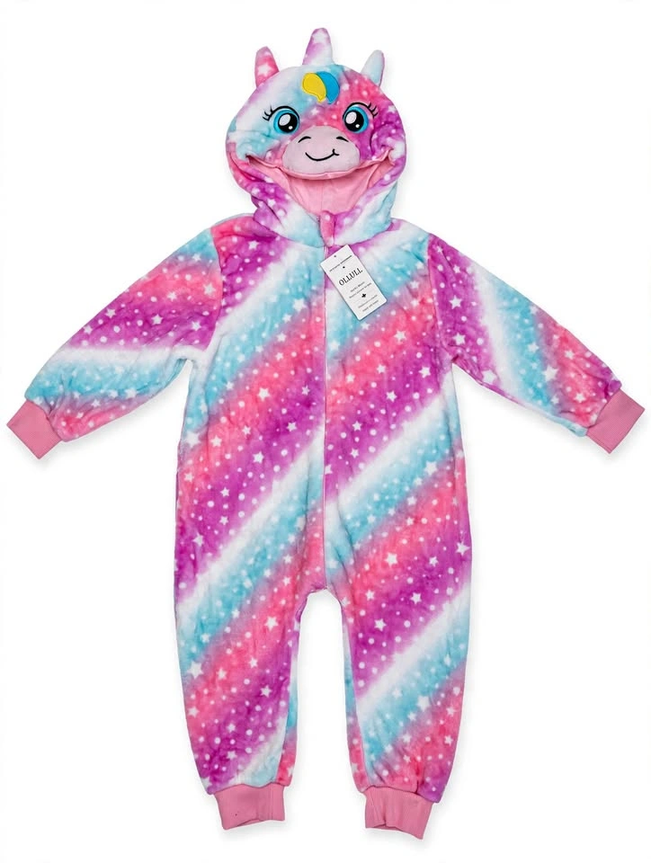 Kids Unicorn Onesie Costume — Pink Purple Blue Stars, Hooded