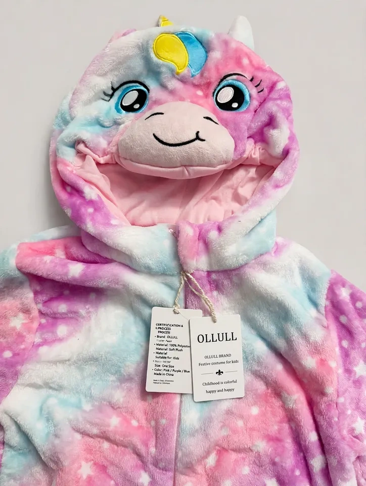 Kids Unicorn Onesie Costume — Pink Purple Blue Stars, Hooded - photo 4