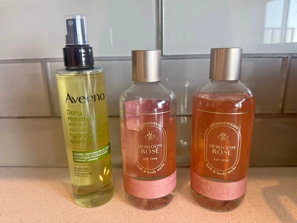 Aveeno Body Oil Mist and Bath & Body Works Heirloom Rose Body Wa