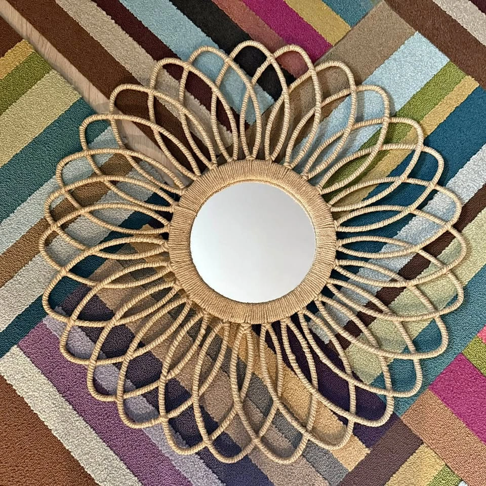 Large Boho Sunburst Wall Mirror – 28” Natural Rope Floral Design